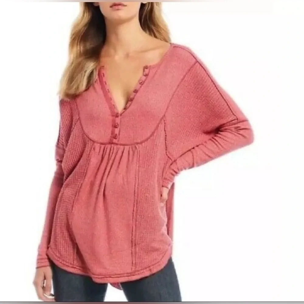 Free People Leo Henley Thermal Top | Oversized Waffle Knit Long Sleeve Size M